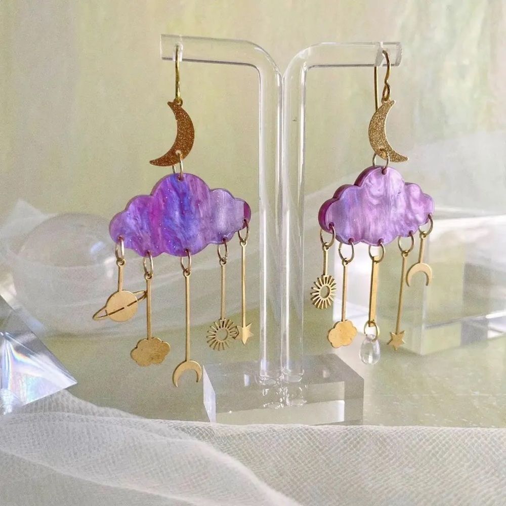 Sparkly Purple Midnight Scene Sun Moon And Stars Rain Cloud Earrings